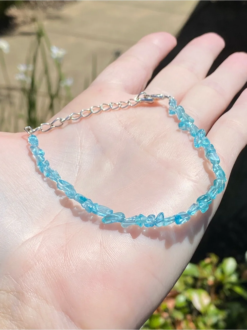 Natural Blue Apatite Chip - Adjustable Silver Bracelet
